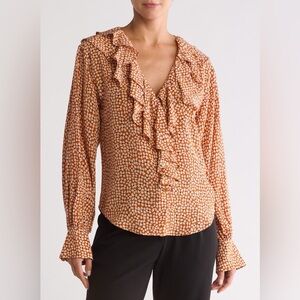 Equipment Silk Rust and White Ruffle-Front button down Blouse